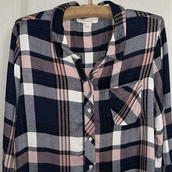 Two by VC L Navy White Blush Pink Plaid Textured Flannel Button Down Shirt - Picture 4 of 12